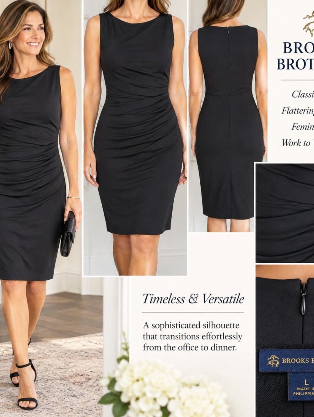 Brooks Brothers Women L Black Ruched Sheath Dress Sleeveless Stretch Career